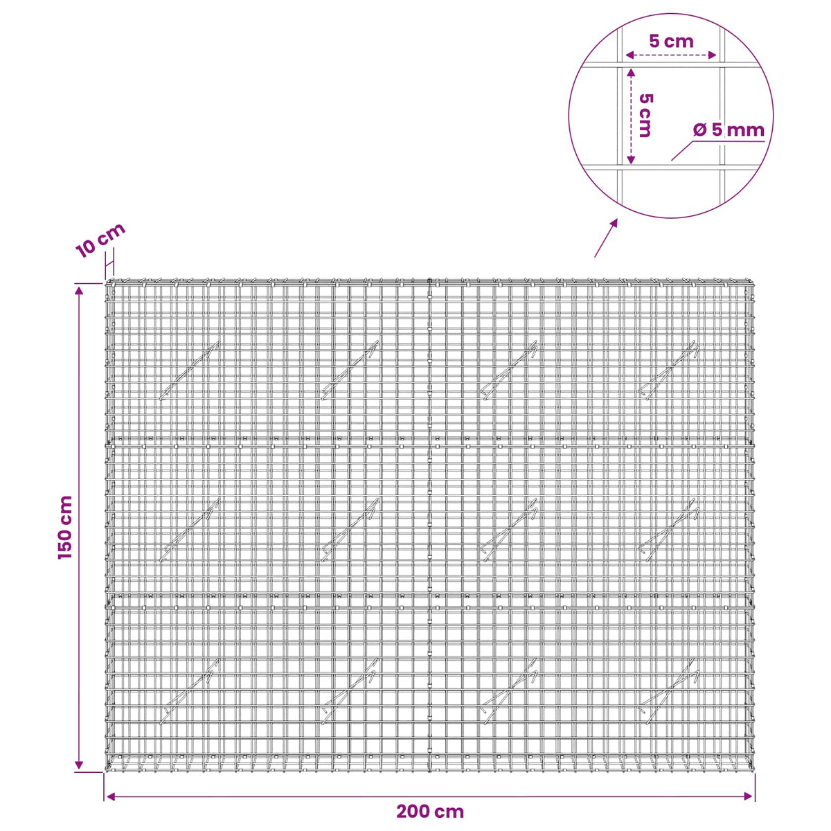 Gabion with 5 mm Wire and 5x5 cm Mesh 200x10x150 cm