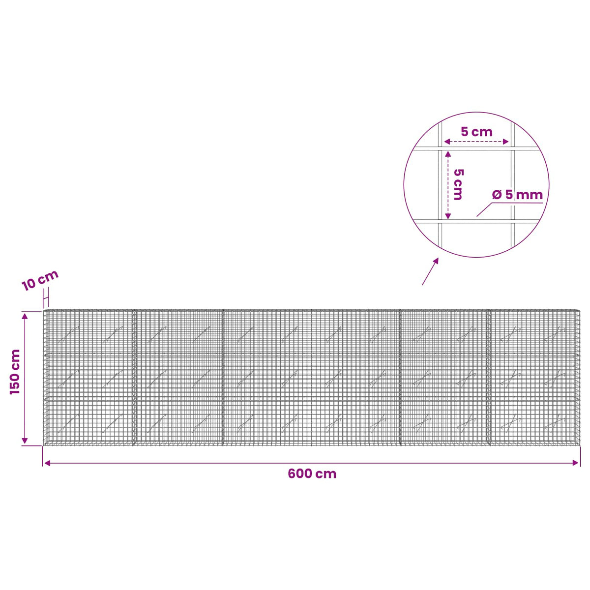 Gabion with 5 mm Wire and 5x5 cm Mesh 600x10x150 cm