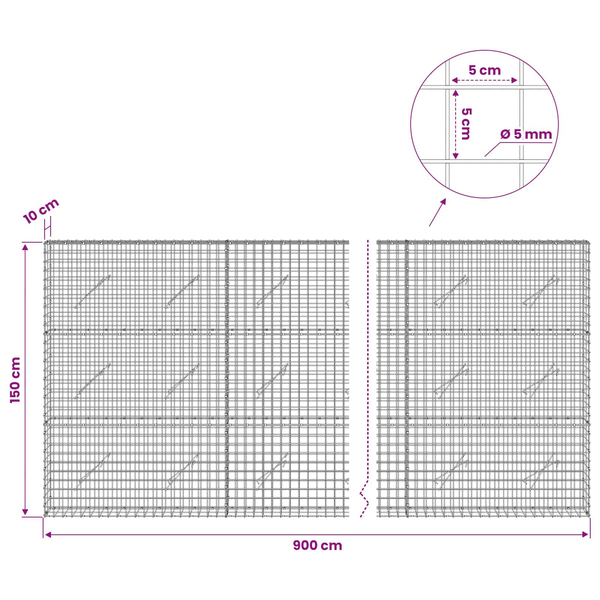 Gabion with 5 mm Wire and 5x5 cm Mesh 900x10x150 cm