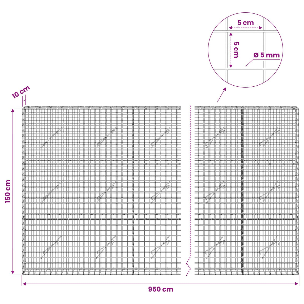 Gabion with 5 mm Wire and 5x5 cm Mesh 950x10x150 cm