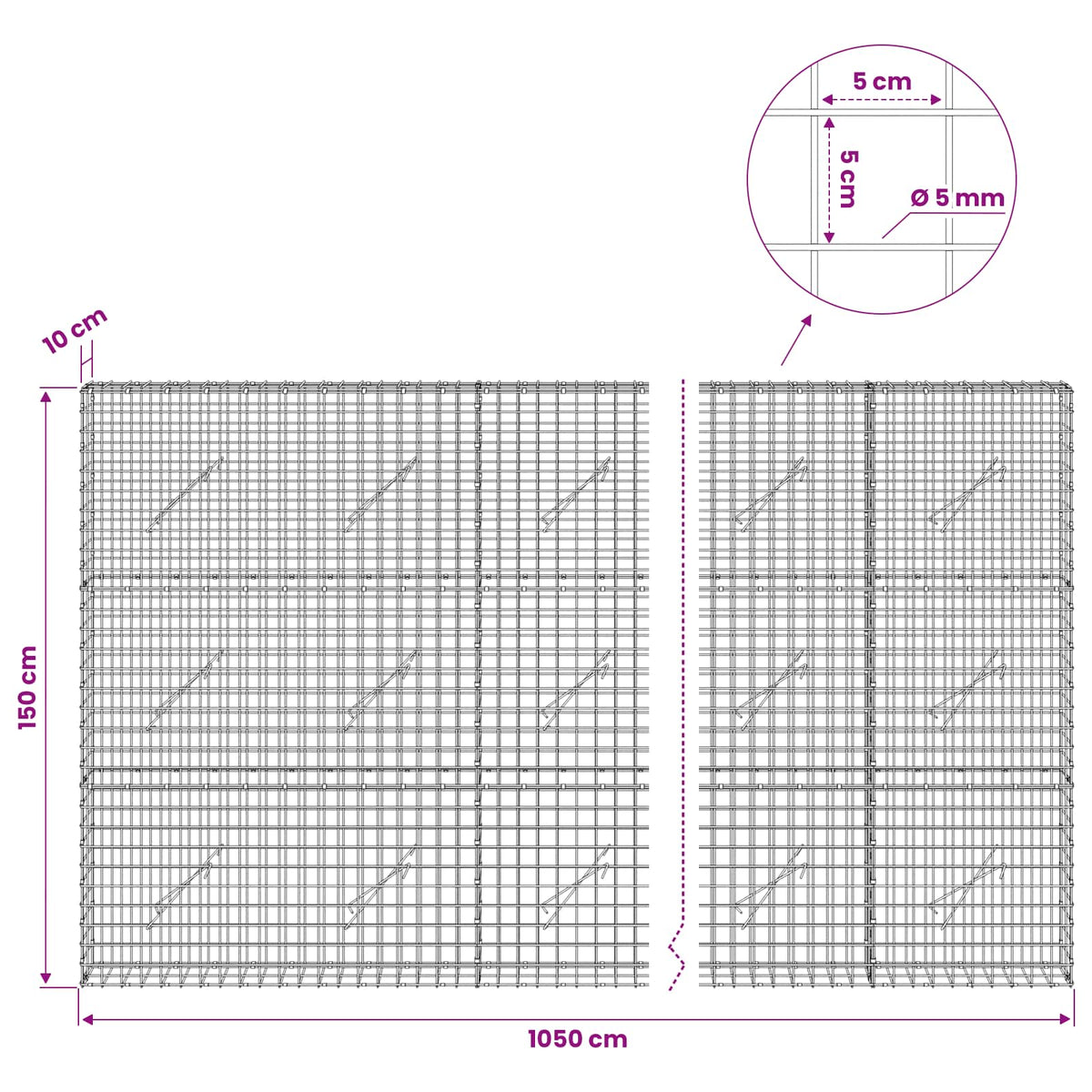 Gabion with 5 mm Wire and 5x5 cm Mesh 1050x10x150 cm
