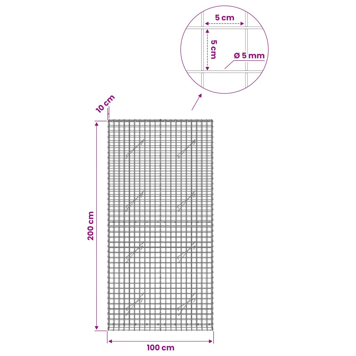 Gabion with 5 mm Wire and 5x5 cm Mesh 100x10x200 cm