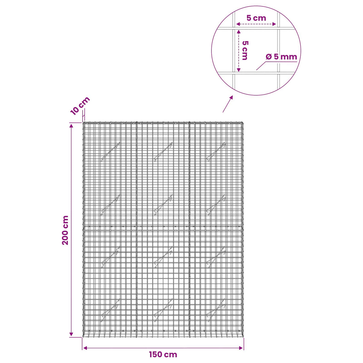 Gabion with 5 mm Wire and 5x5 cm Mesh 150x10x200 cm