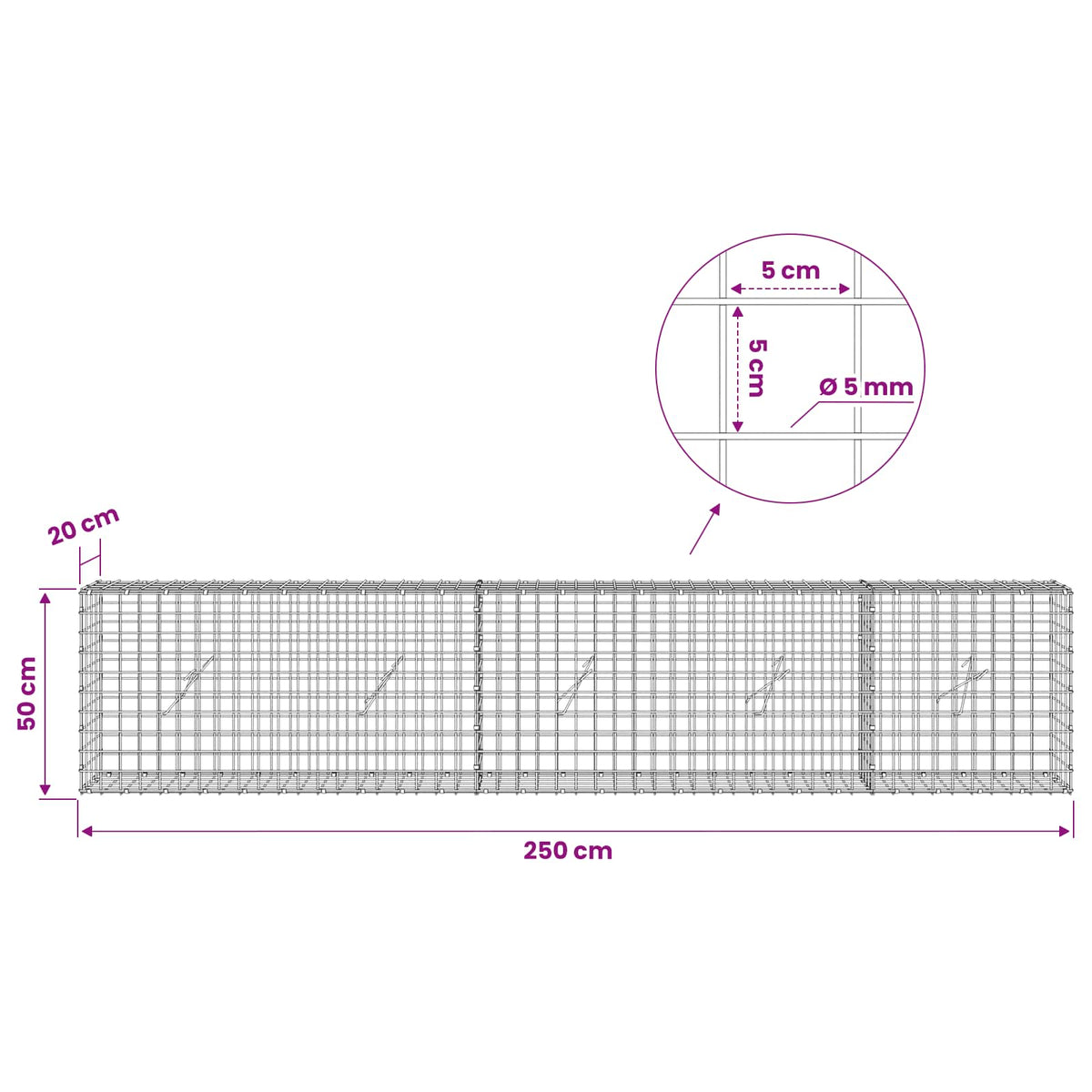 Gabion with 5 mm Wire and 5x5 cm Mesh 250x20x50 cm