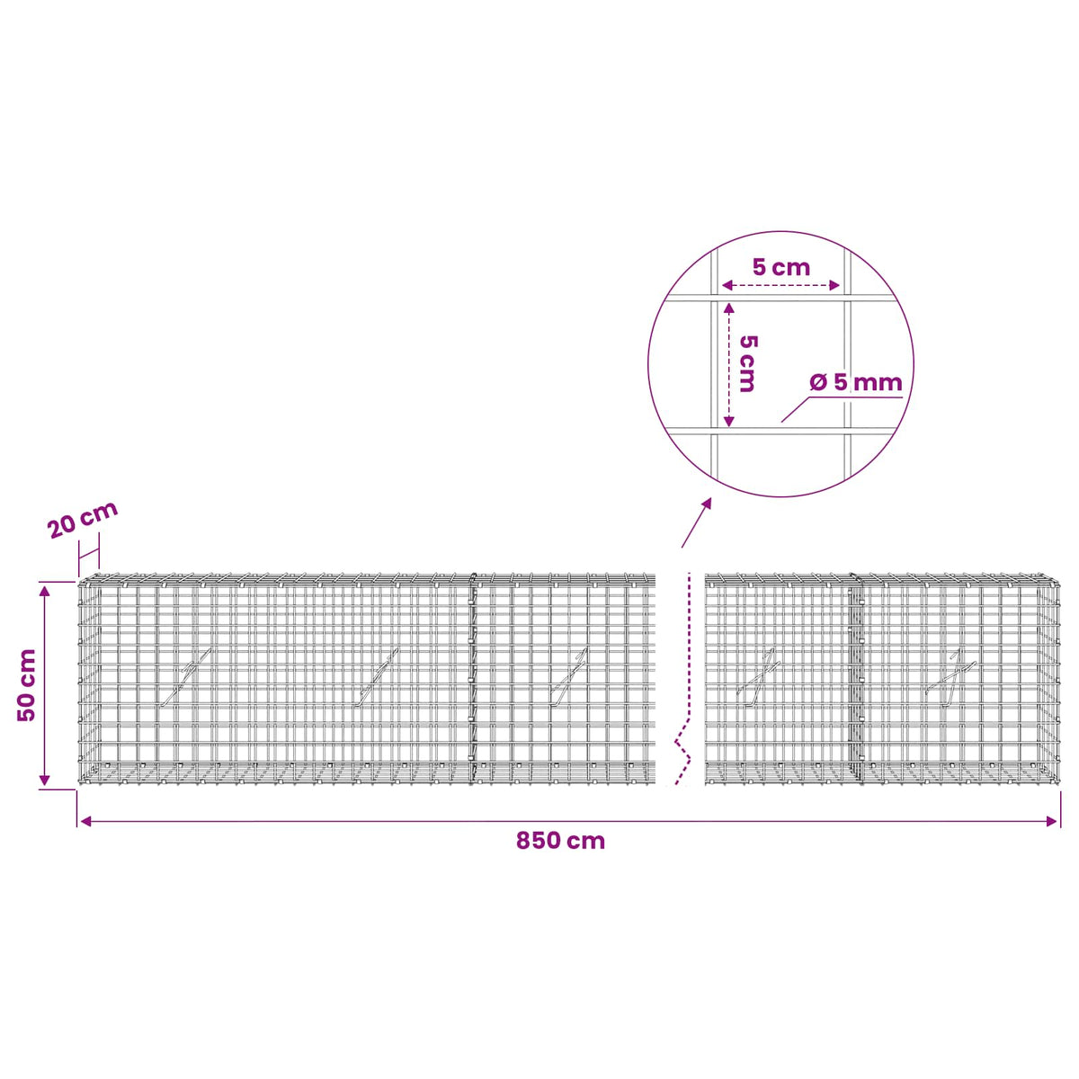 Gabion with 5 mm Wire and 5x5 cm Mesh 850x20x50 cm