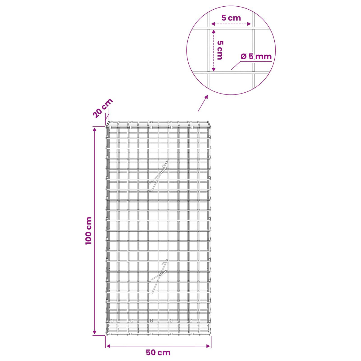 Gabion with 5 mm Wire and 5x5 cm Mesh 50x20x100 cm