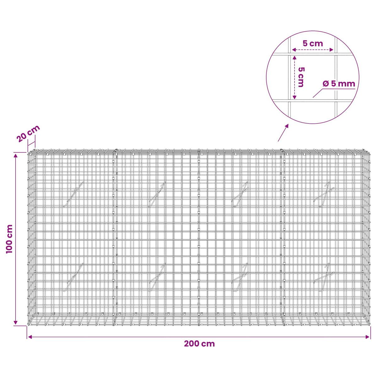 Gabion with 5 mm Wire and 5x5 cm Mesh 200x20x100 cm