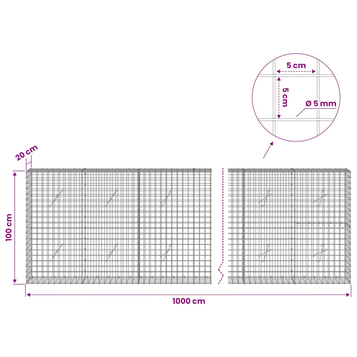 Gabion with 5 mm Wire and 5x5 cm Mesh 1000x20x100 cm