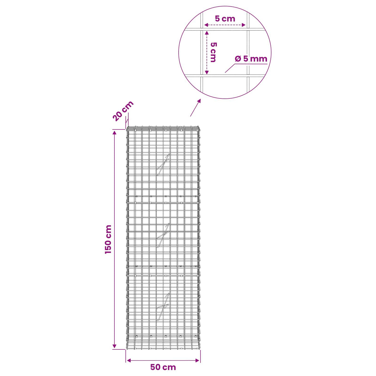 Gabion with 5 mm Wire and 5x5 cm Mesh 50x20x150 cm