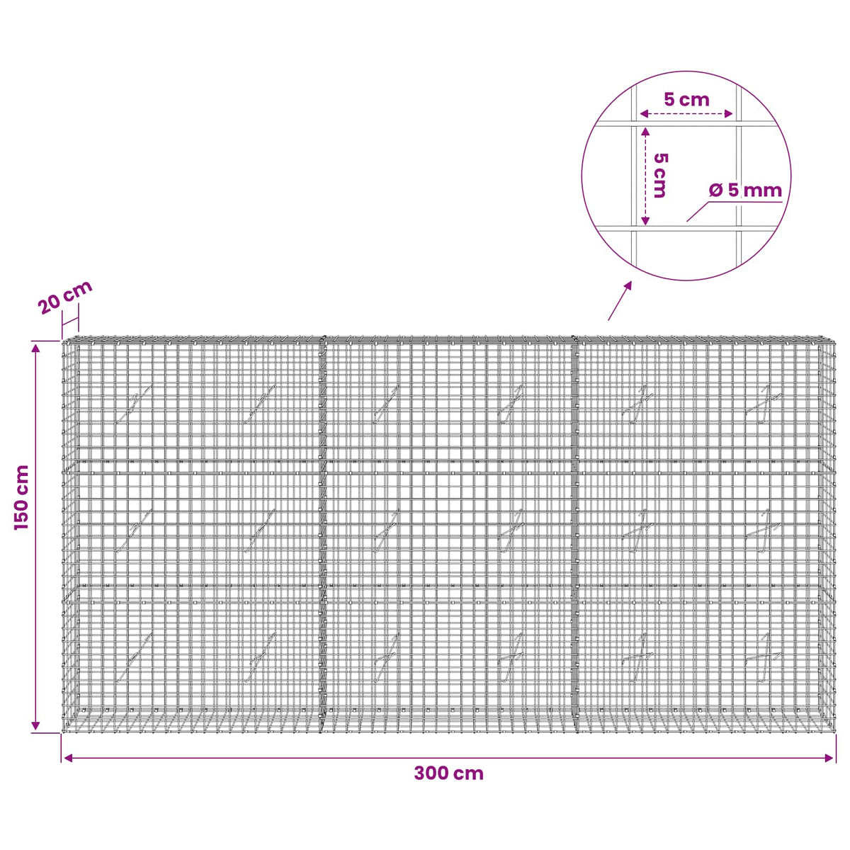 Gabion with 5 mm Wire and 5x5 cm Mesh 300x20x150 cm