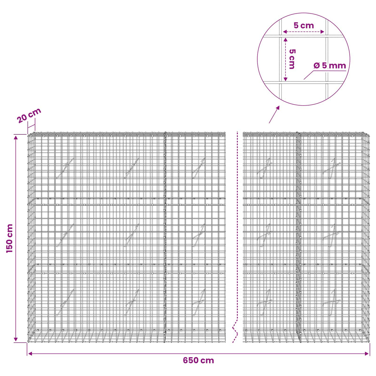 Gabion with 5 mm Wire and 5x5 cm Mesh 650x20x150 cm