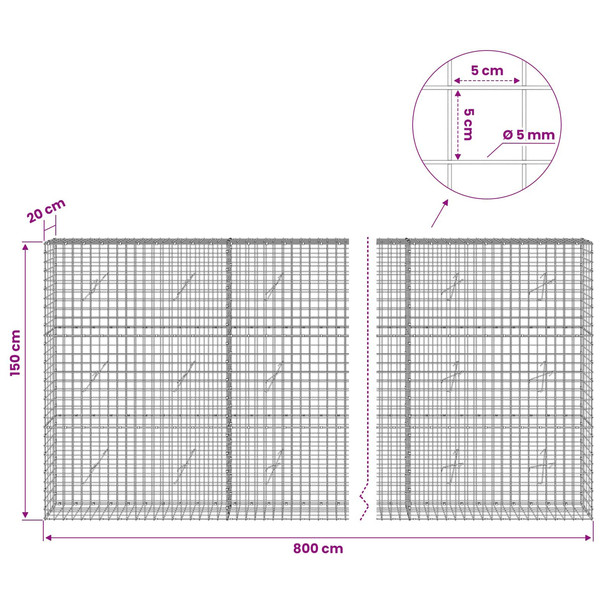 Gabion with 5 mm Wire and 5x5 cm Mesh 800x20x150 cm