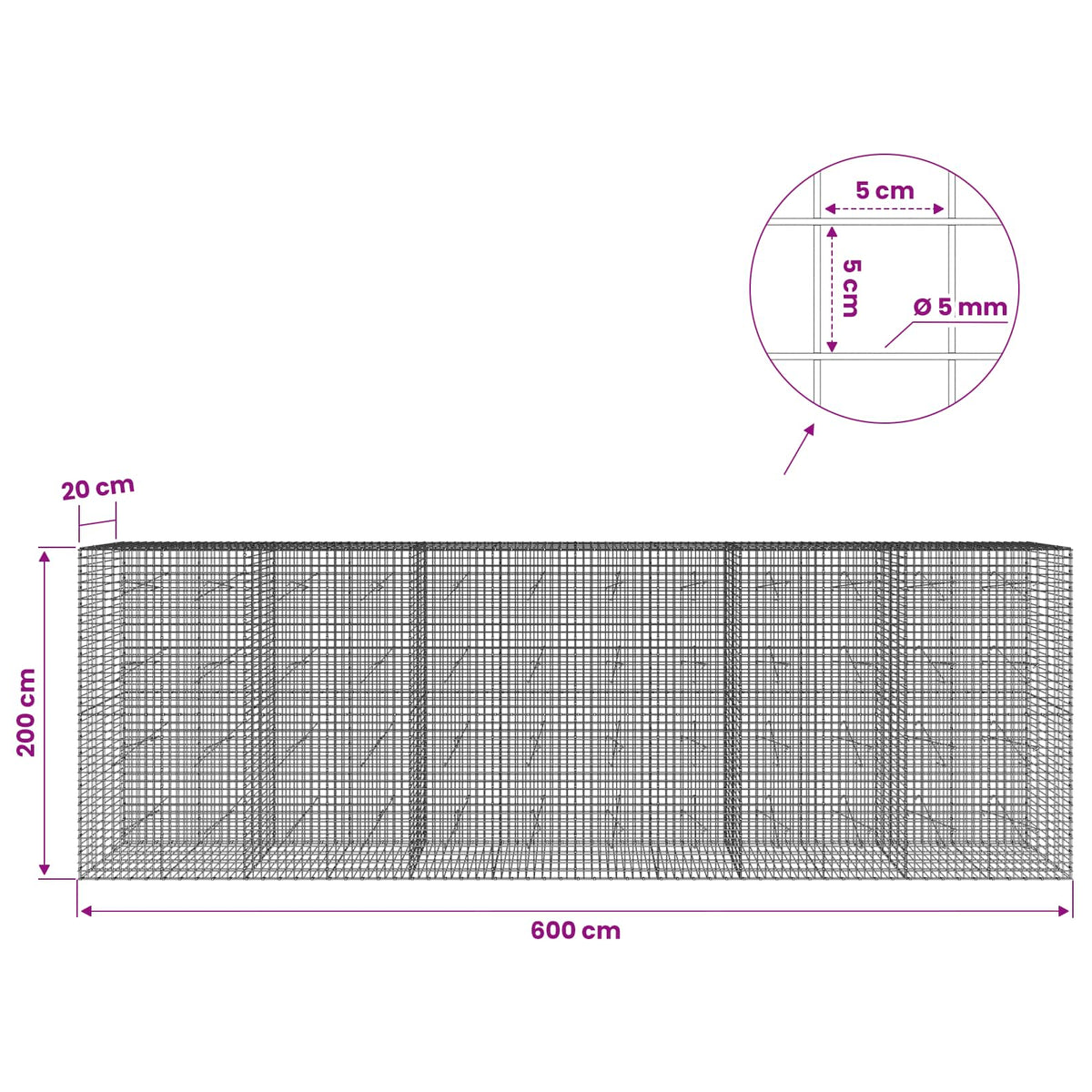 Gabion with 5 mm Wire and 5x5 cm Mesh 600x20x200 cm
