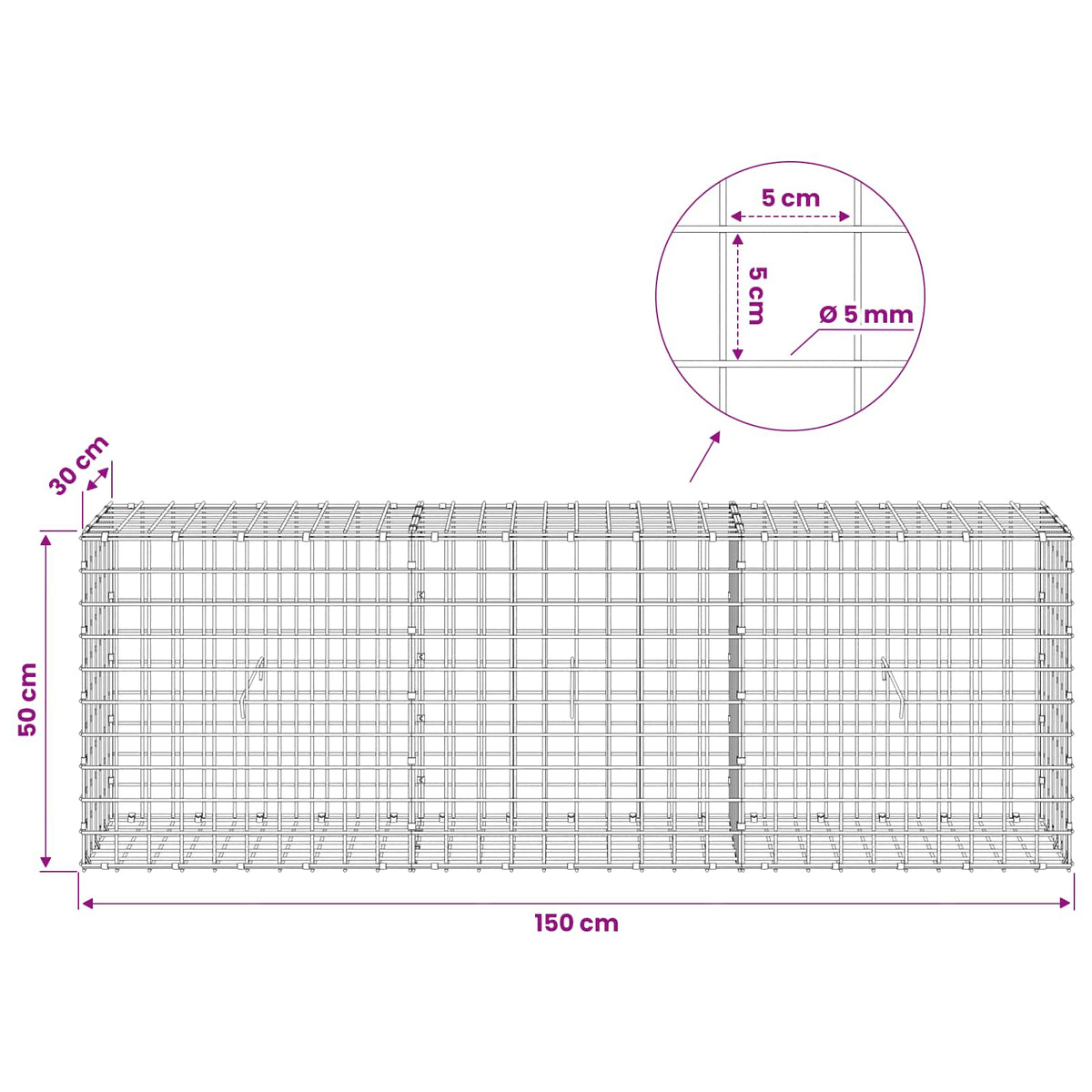 Gabion with 5 mm Wire and 5x5 cm Mesh 150x30x50 cm