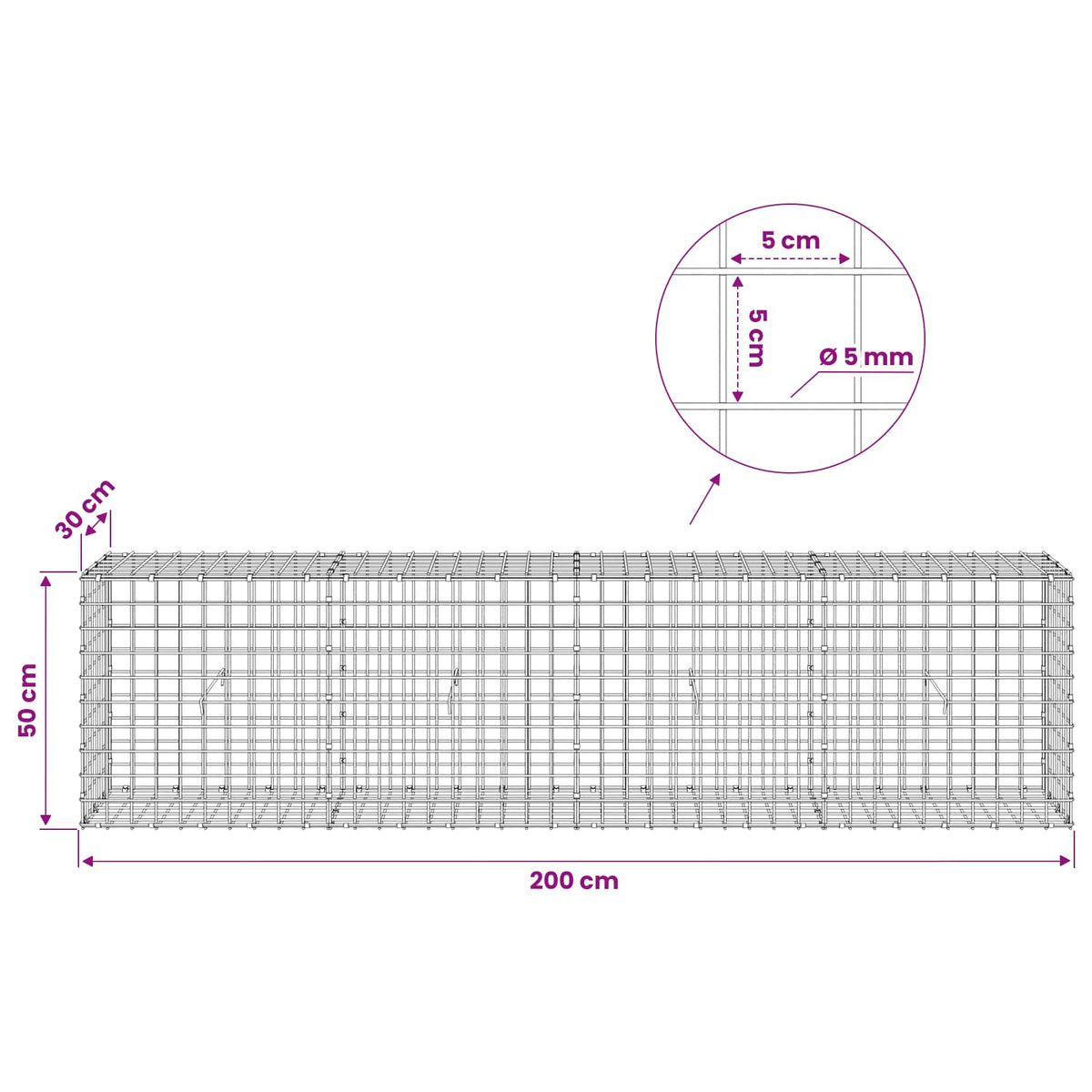 Gabion with 5 mm Wire and 5x5 cm Mesh 200x30x50 cm