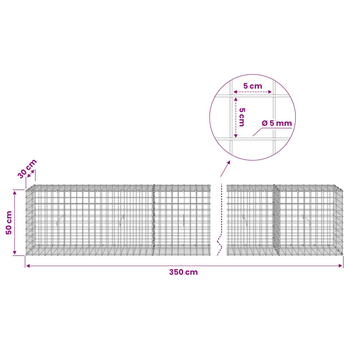 Gabion with 5 mm Wire and 5x5 cm Mesh 350x30x50 cm