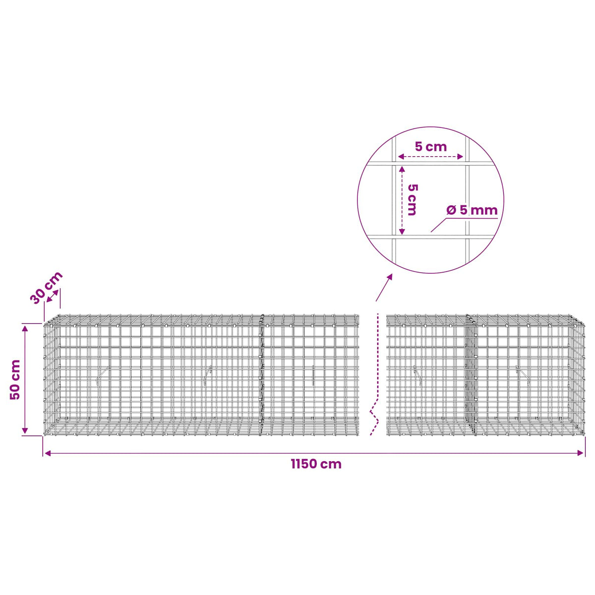 Gabion with 5 mm Wire and 5x5 cm Mesh 1150x30x50 cm