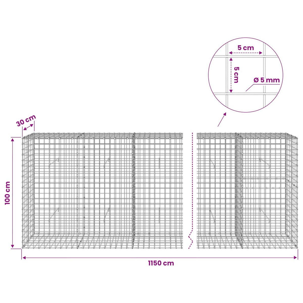 Gabion with 5 mm Wire and 5x5 cm Mesh 1150x30x100 cm
