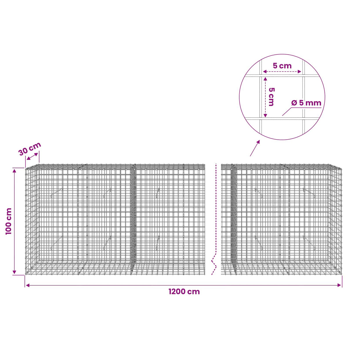 Gabion with 5 mm Wire and 5x5 cm Mesh 1200x30x100 cm