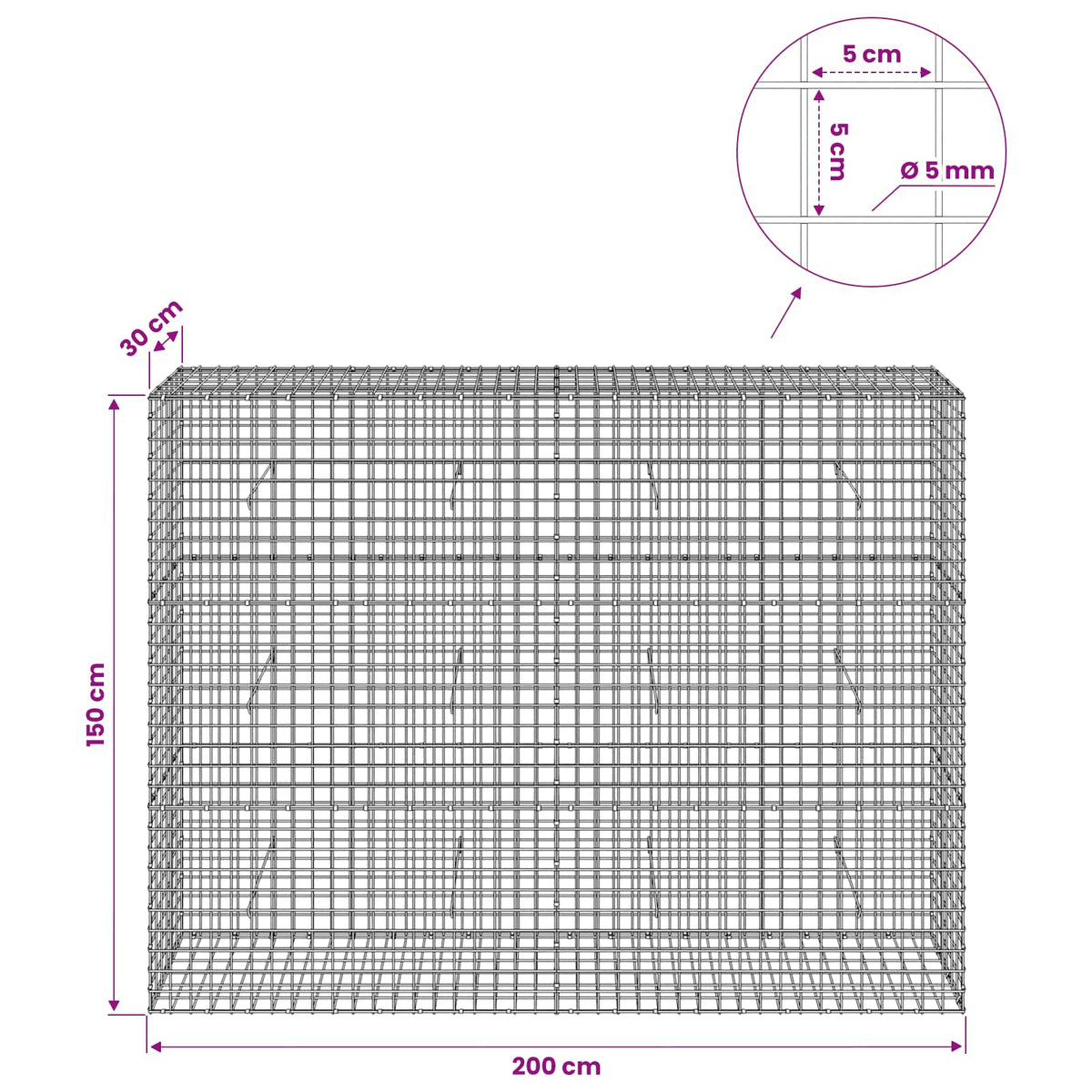 Gabion with 5 mm Wire and 5x5 cm Mesh 200x30x150 cm