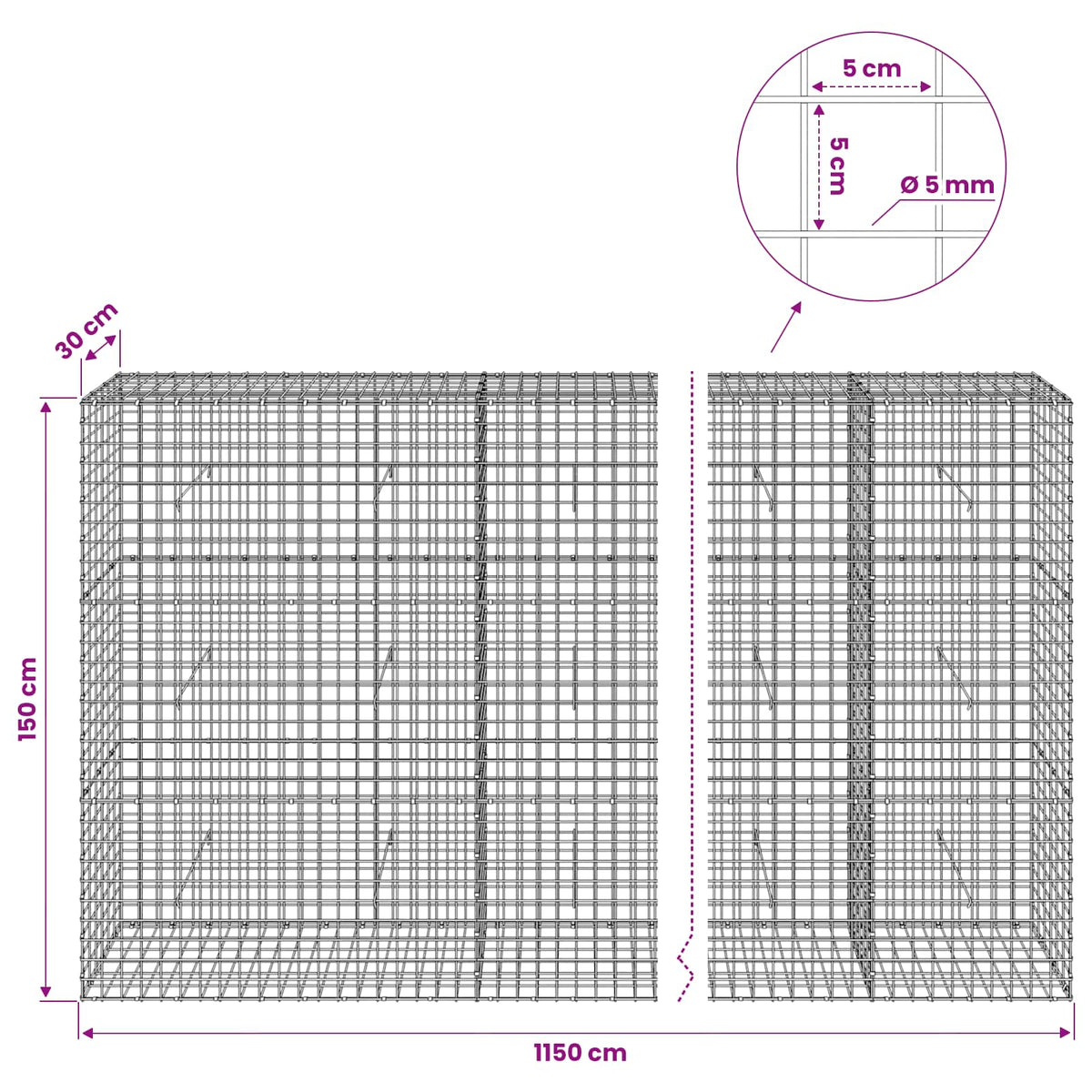 Gabion with 5 mm Wire and 5x5 cm Mesh 1150x30x150 cm