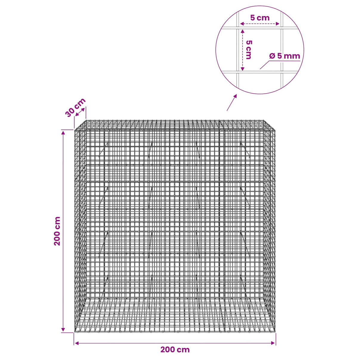 Gabion with 5 mm Wire and 5x5 cm Mesh 200x30x200 cm