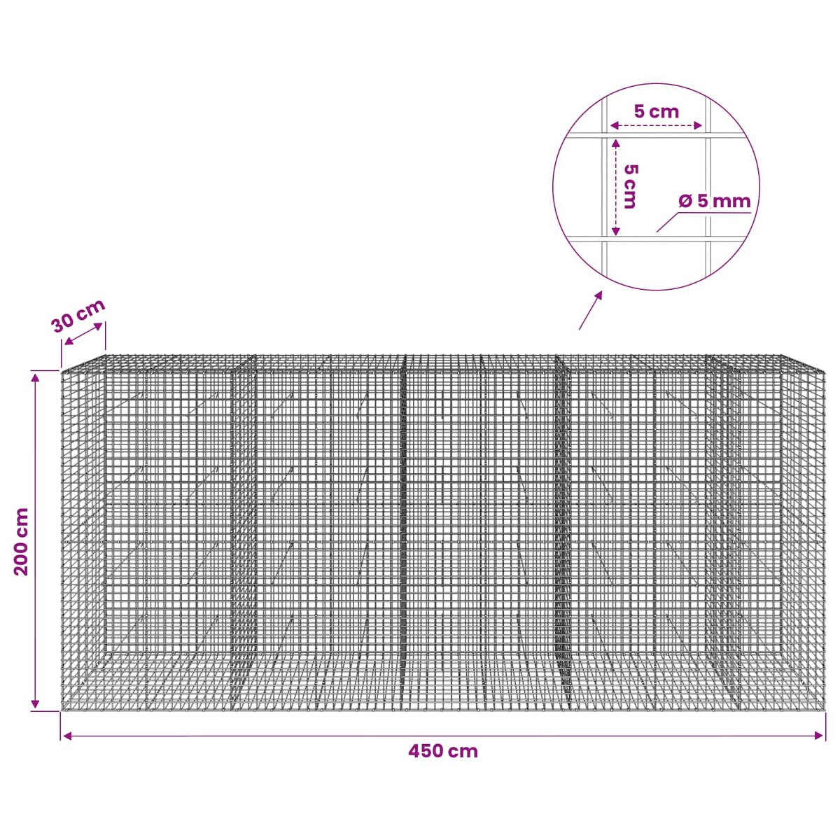Gabion with 5 mm Wire and 5x5 cm Mesh 450x30x200 cm
