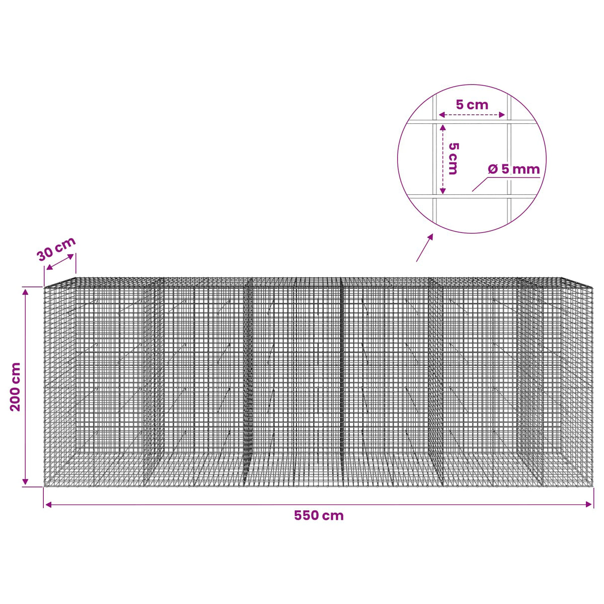 Gabion with 5 mm Wire and 5x5 cm Mesh 550x30x200 cm