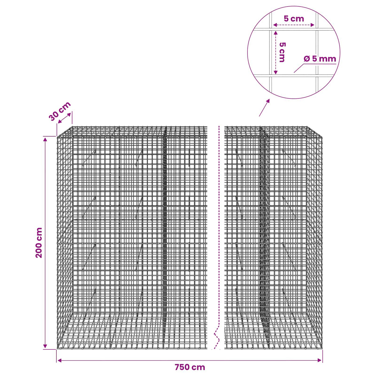 Gabion with 5 mm Wire and 5x5 cm Mesh 750x30x200 cm