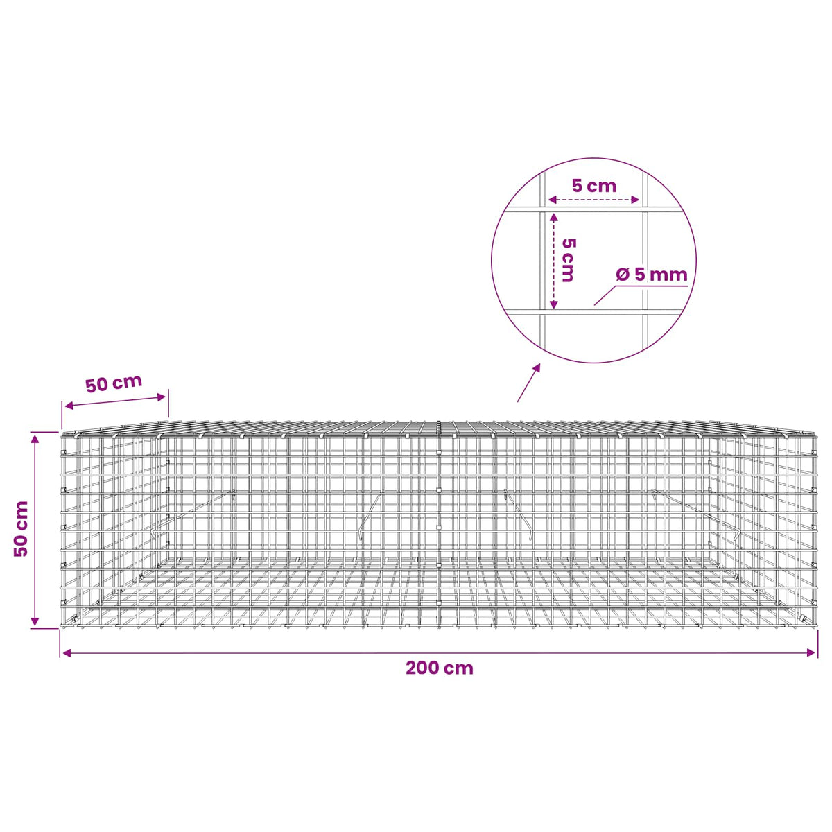 Gabion with 5 mm Wire and 5x5 cm Mesh 200x50x50 cm
