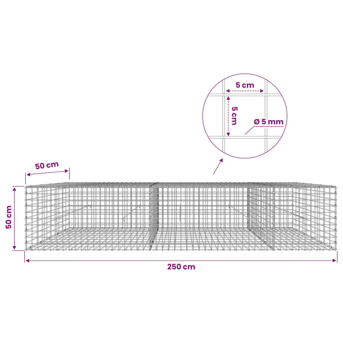 Gabion with 5 mm Wire and 5x5 cm Mesh 250x50x50 cm