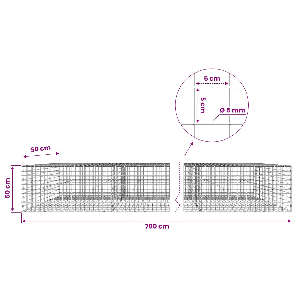 Gabion with 5 mm Wire and 5x5 cm Mesh 700x50x50 cm