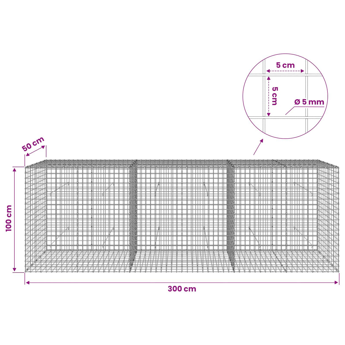 Gabion with 5 mm Wire and 5x5 cm Mesh 300x50x100 cm