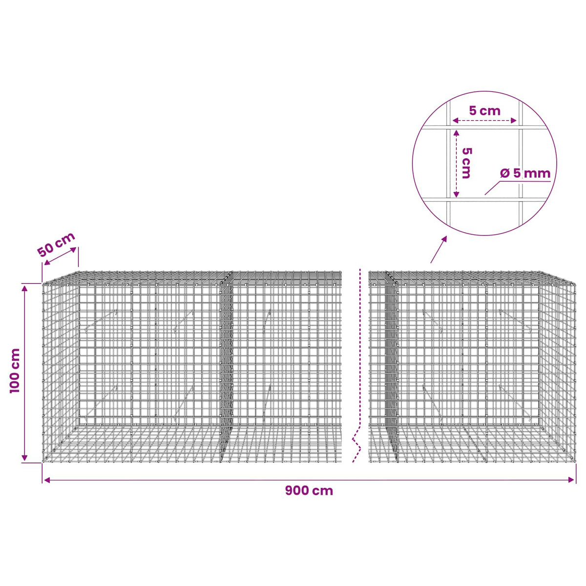 Gabion with 5 mm Wire and 5x5 cm Mesh 900x50x100 cm