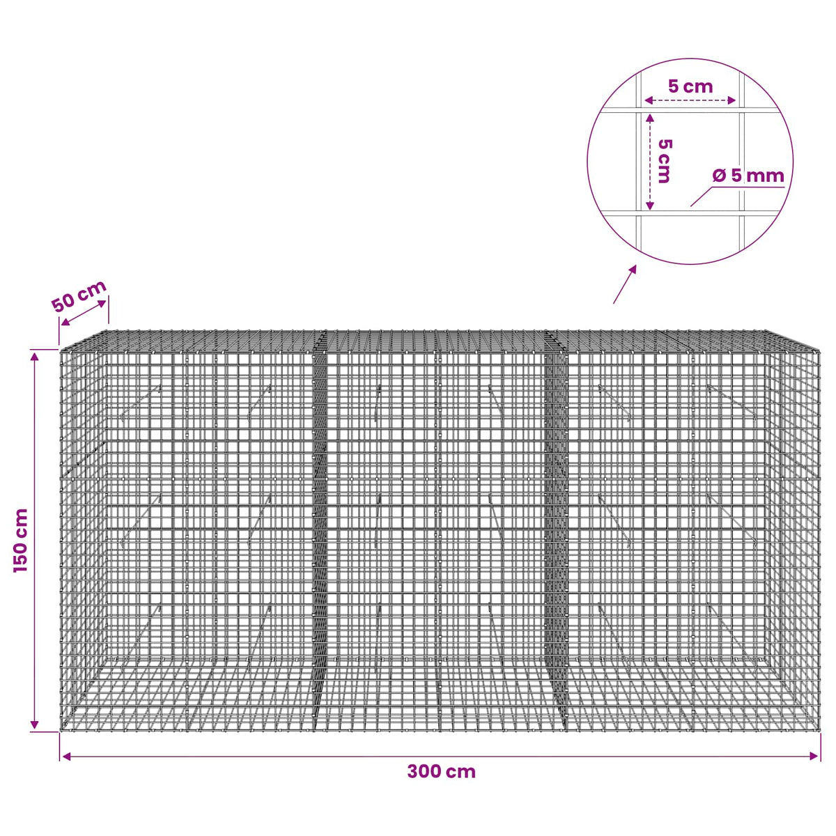 Gabion with 5 mm Wire and 5x5 cm Mesh 300x50x150 cm