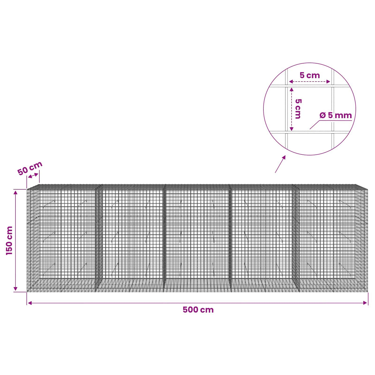Gabion with 5 mm Wire and 5x5 cm Mesh 500x50x150 cm