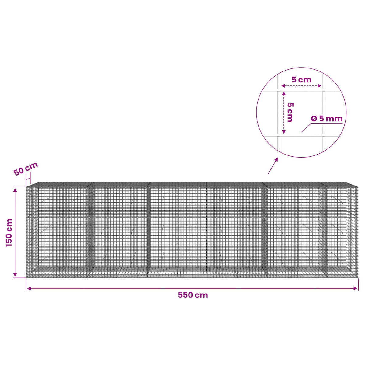 Gabion with 5 mm Wire and 5x5 cm Mesh 550x50x150 cm