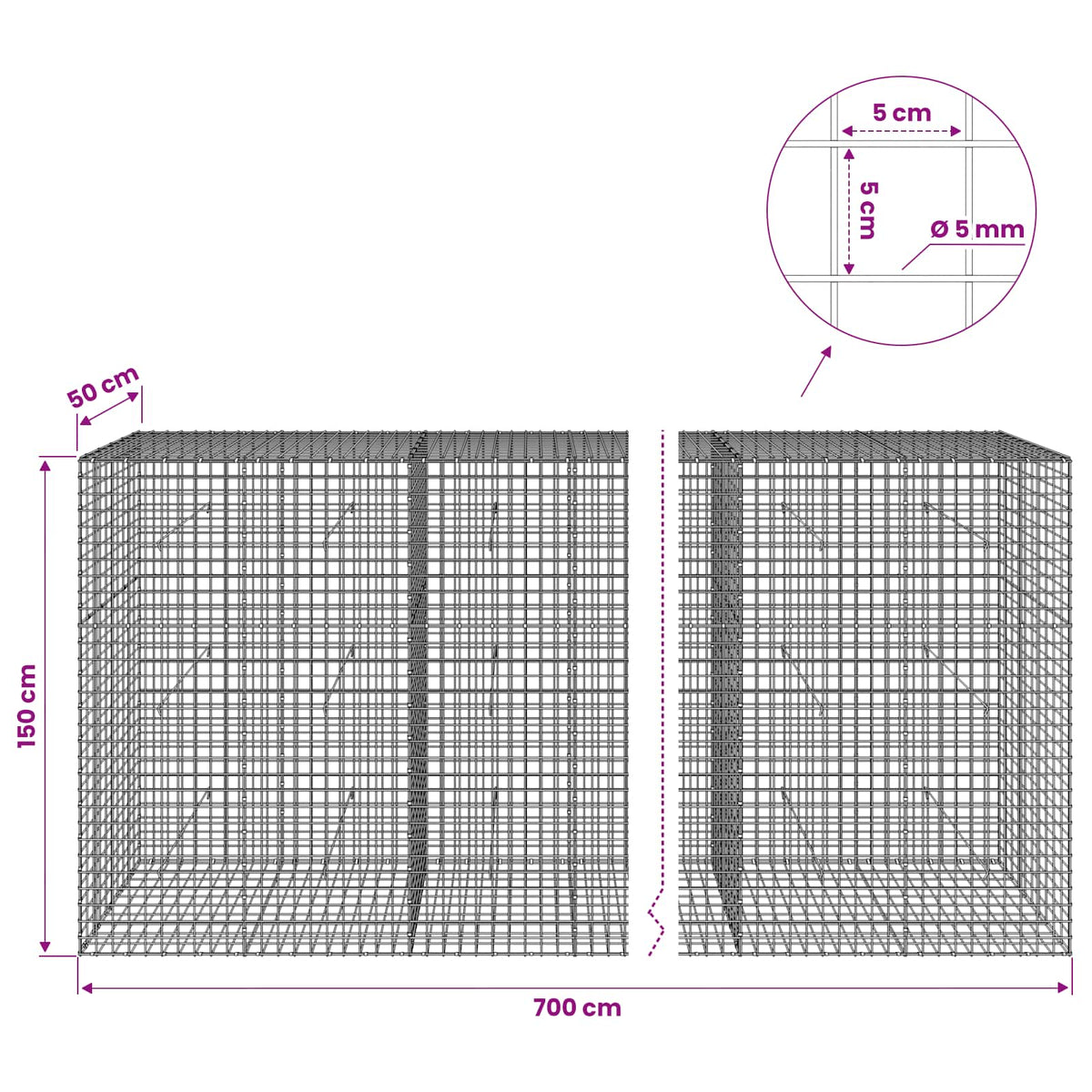 Gabion with 5 mm Wire and 5x5 cm Mesh 700x50x150 cm