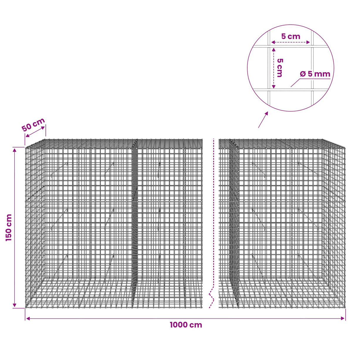 Gabion with 5 mm Wire and 5x5 cm Mesh 1000x50x150 cm