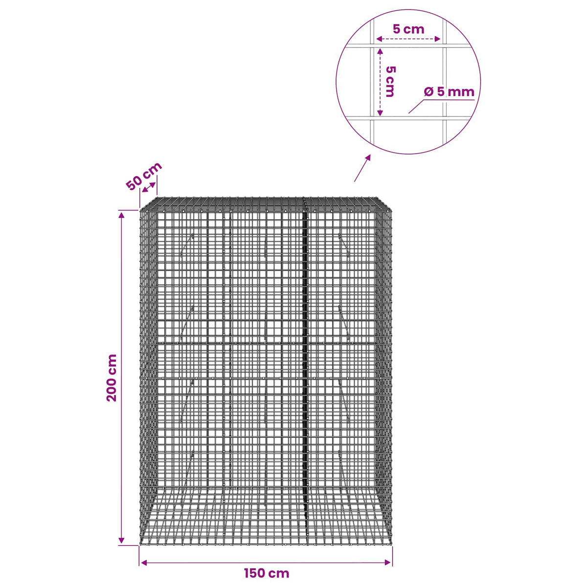 Gabion with 5 mm Wire and 5x5 cm Mesh 150x50x200 cm