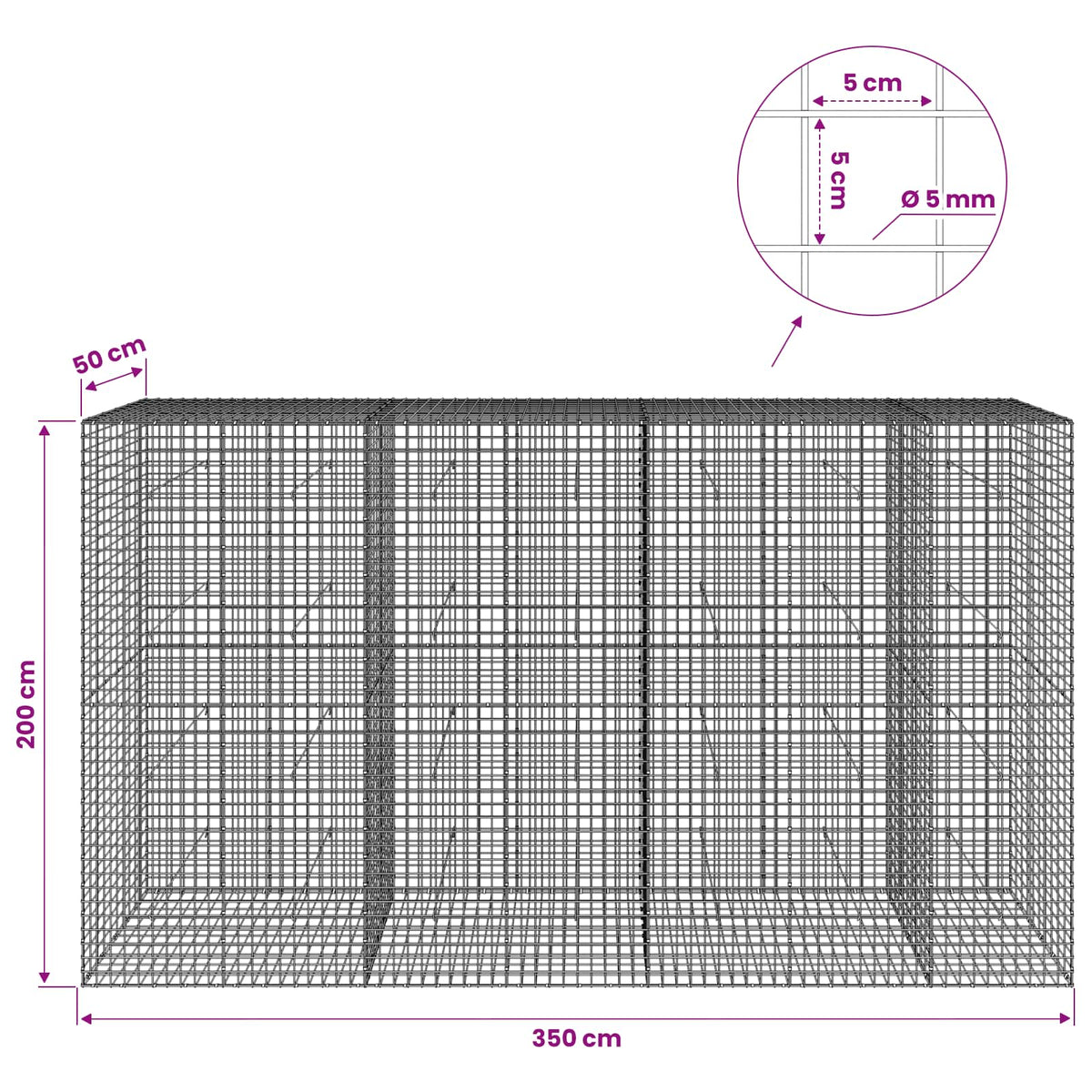 Gabion with 5 mm Wire and 5x5 cm Mesh 350x50x200 cm