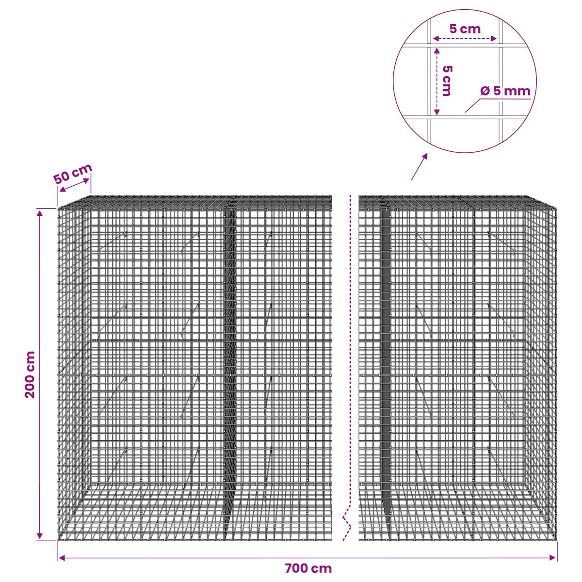 Gabion with 5 mm Wire and 5x5 cm Mesh 700x50x200 cm