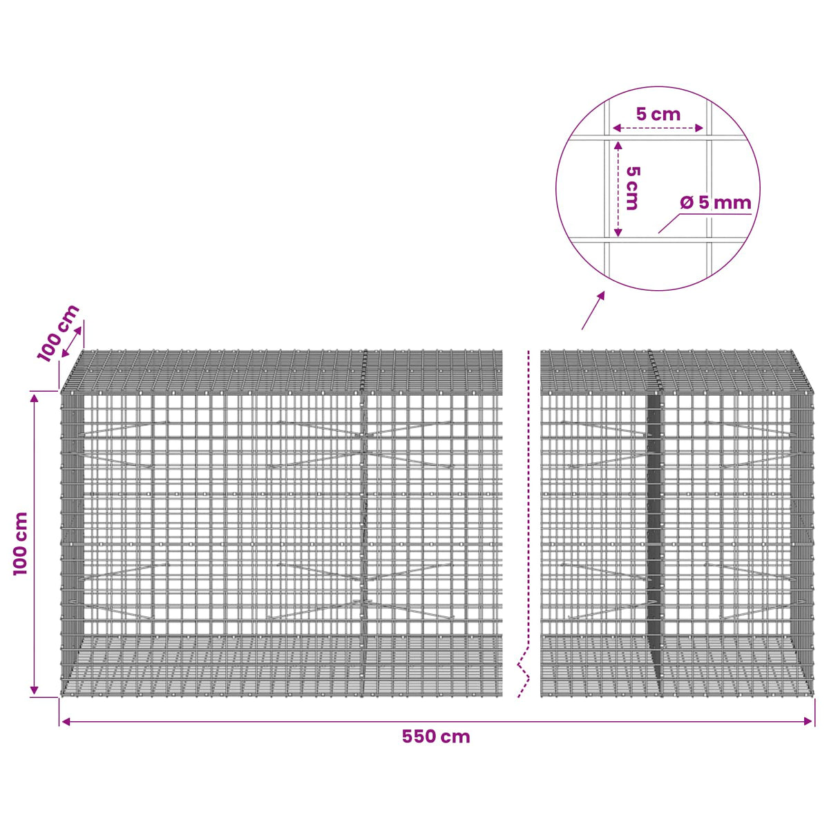 Gabion with 5 mm Wire and 5x5 cm Mesh 550x100x100 cm