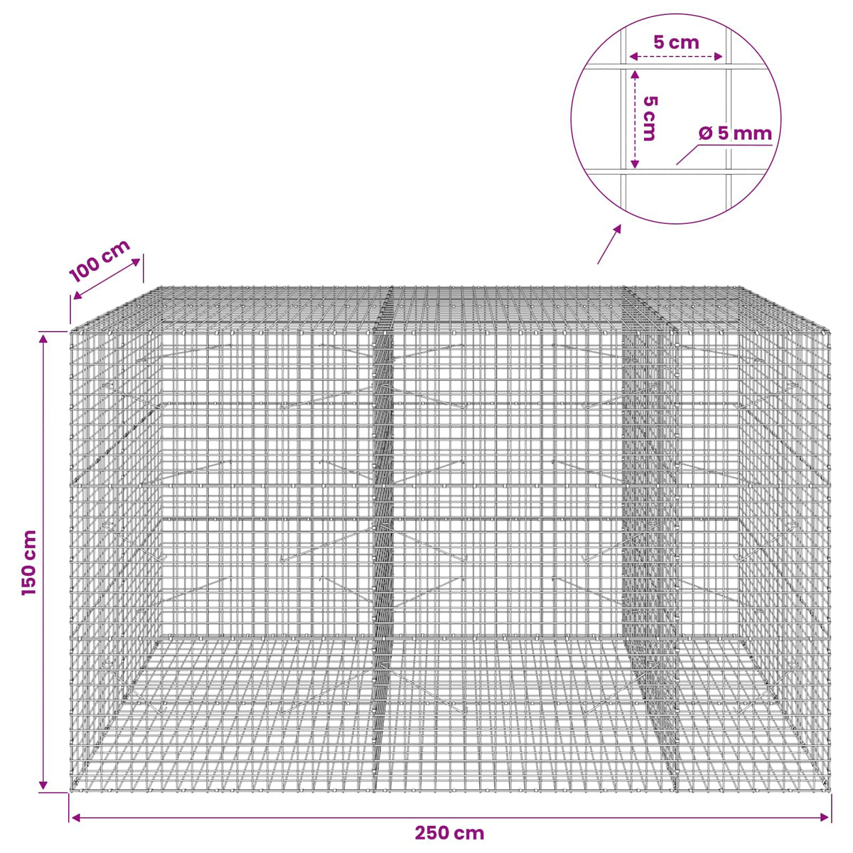 Gabion with 5 mm Wire and 5x5 cm Mesh 250x100x150 cm