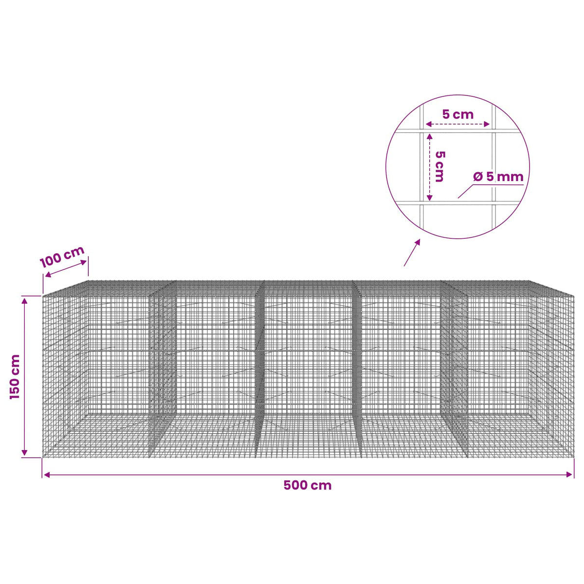 Gabion with 5 mm Wire and 5x5 cm Mesh 500x100x150 cm