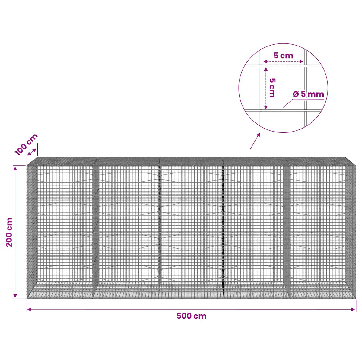 Gabion with 5 mm Wire and 5x5 cm Mesh 500x100x200 cm