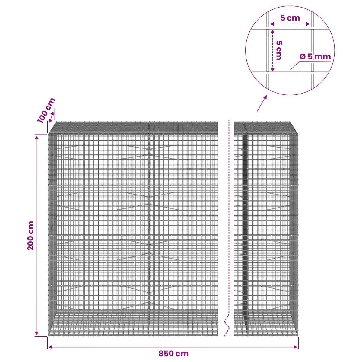 Gabion with 5 mm Wire and 5x5 cm Mesh 850x100x200 cm