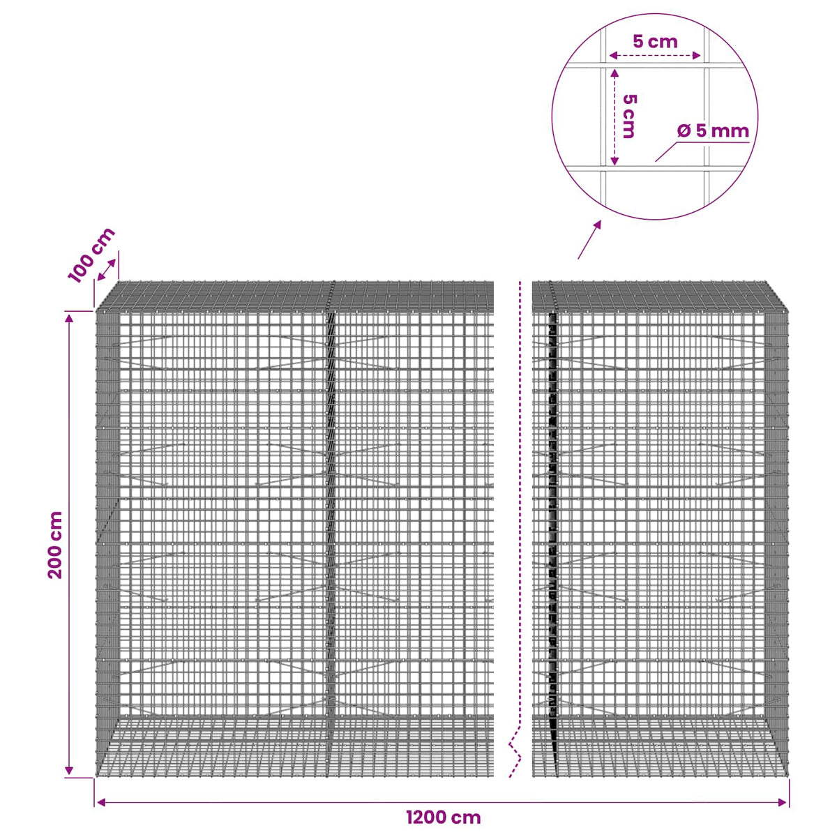 Gabion with 5 mm Wire and 5x5 cm Mesh 1200x100x200 cm