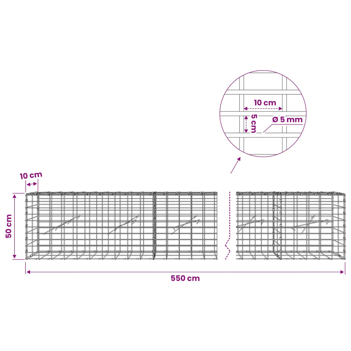 Gabion with 5 mm Wire and 5x10 cm Mesh 550x10x50 cm