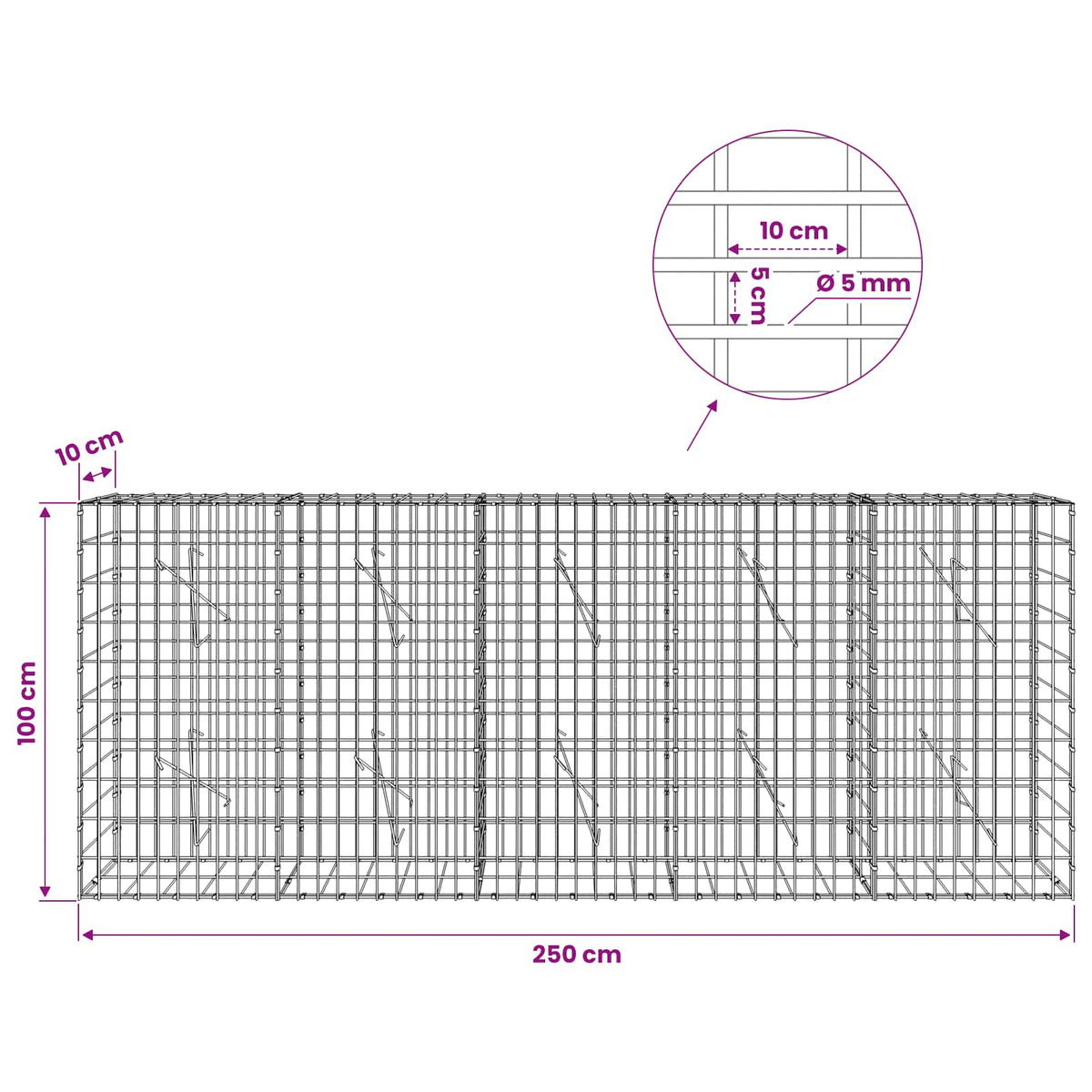 Gabion with 5 mm Wire and 5x10 cm Mesh 250x10x100 cm